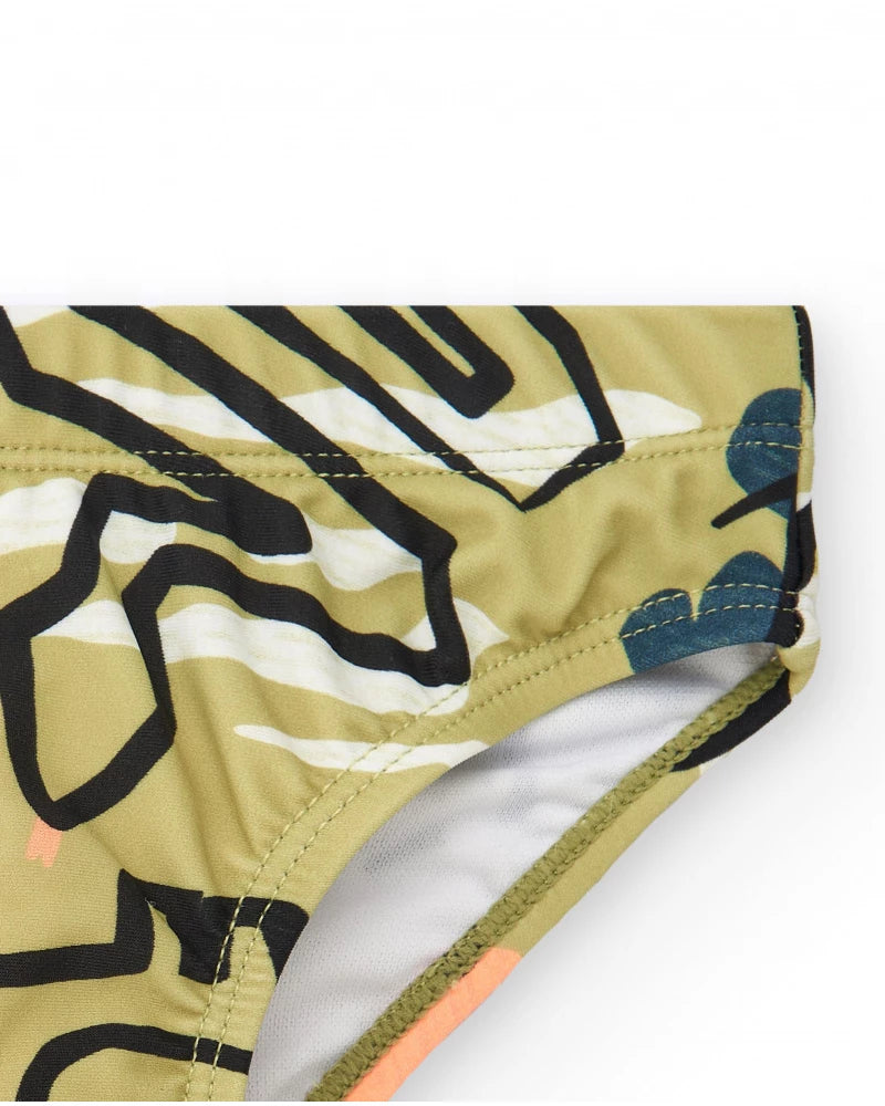 Slip da bagno kaki per bambino con stampa di dinosauri