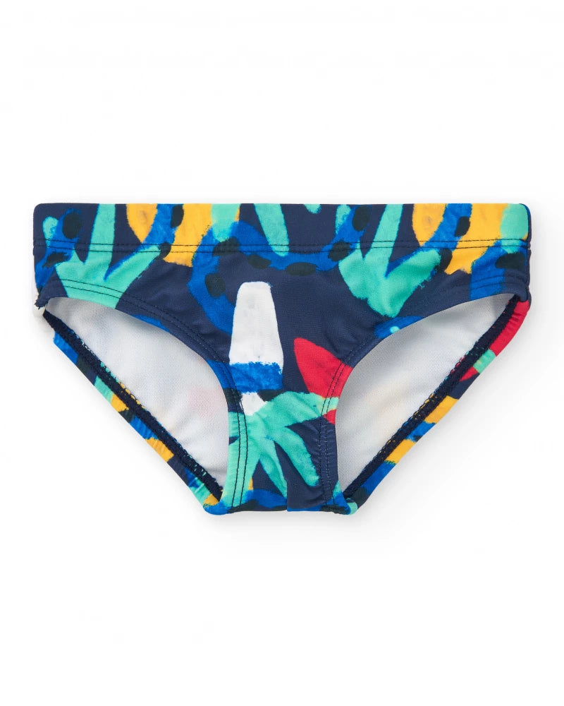 Slip da bagno per bambino blu con stampa tropicale