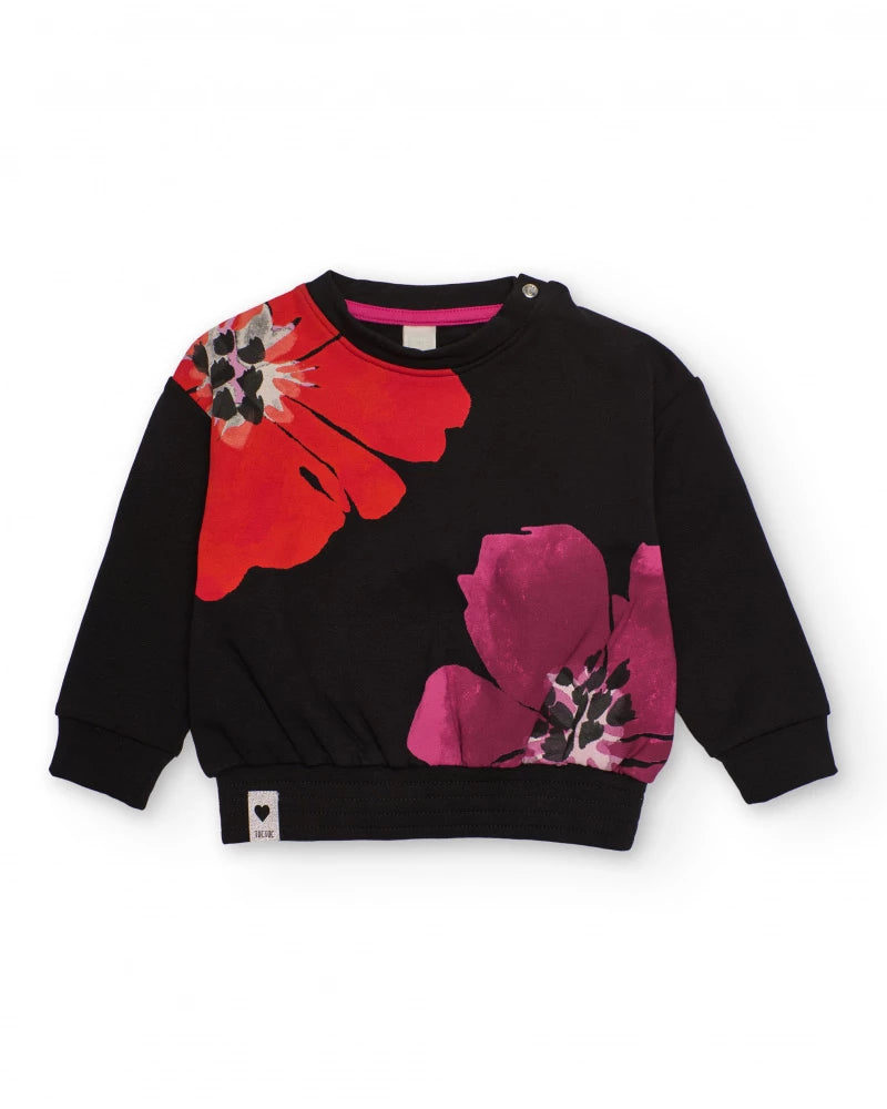 Felpa nera da bambina con stampa floreale rossa e fucsia