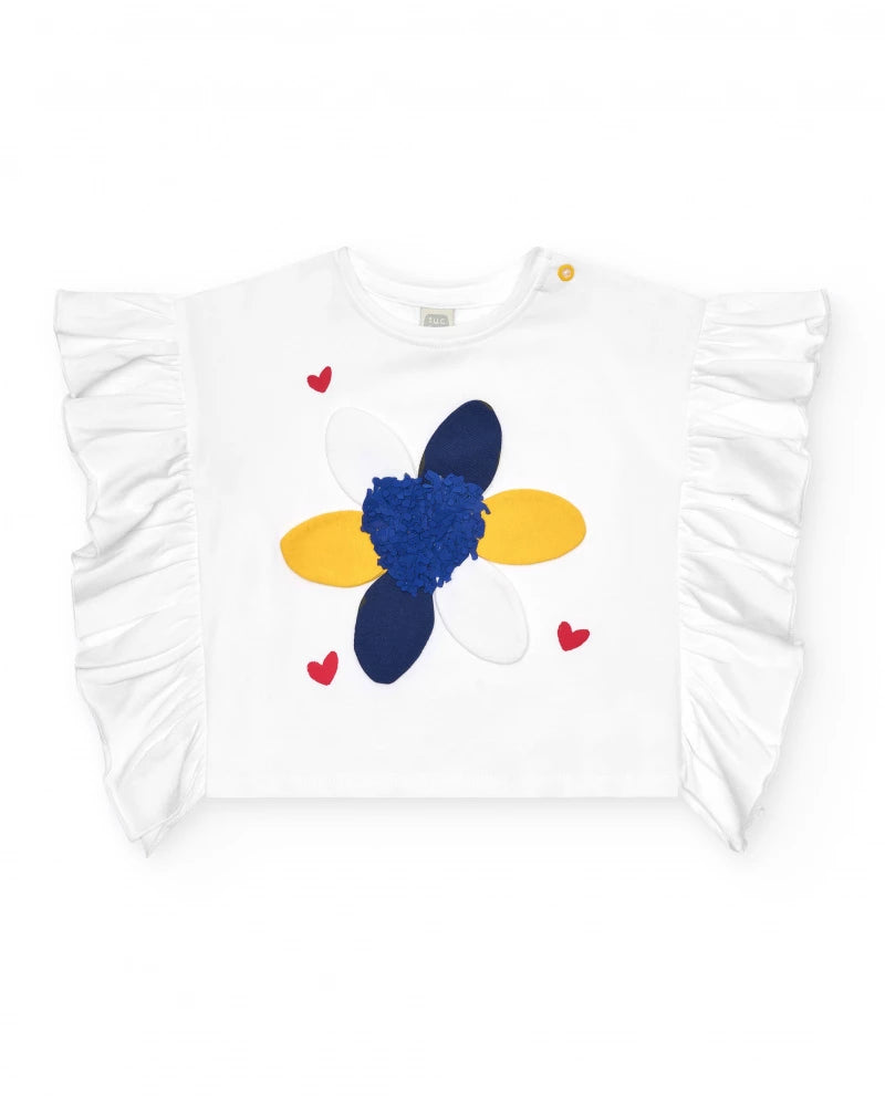 T-shirt di maglia per bambina bianca con volant e fiore ricamato