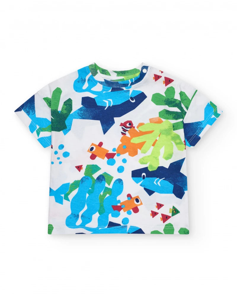 T-shirt per bambino bianca con pesci e piante marine