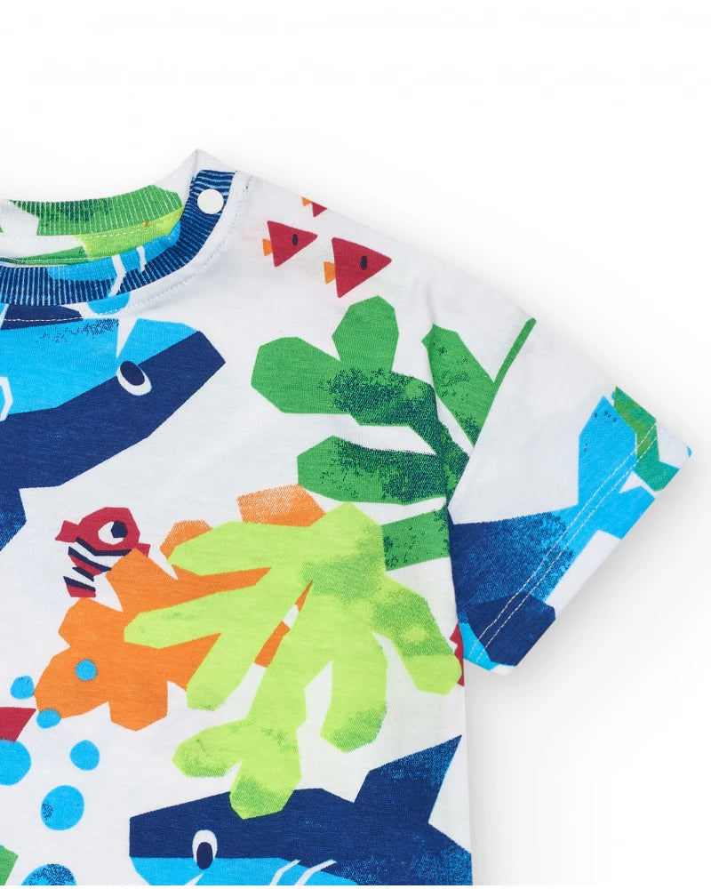 T-shirt per bambino bianca con pesci e piante marine