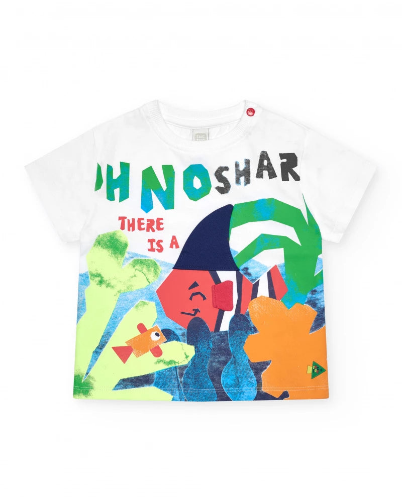 T-shirt per bambino bianca con scritta "OH NO SHARK"