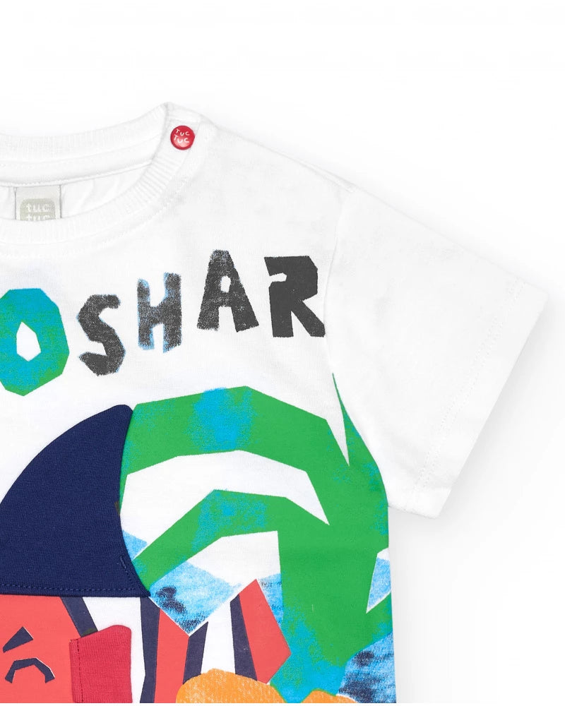 T-shirt per bambino bianca con scritta "OH NO SHARK"