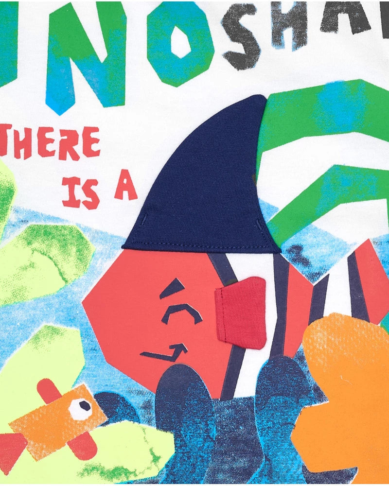 T-shirt per bambino bianca con scritta "OH NO SHARK"