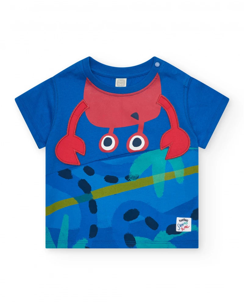 T-shirt per bambino blu con stampa di granchio e bottoni sulla spalla