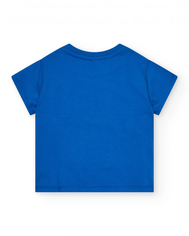 T-shirt per bambino blu con stampa di granchio e bottoni sulla spalla