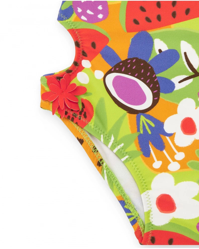 Trikini per bambina con stampa di frutta e volant