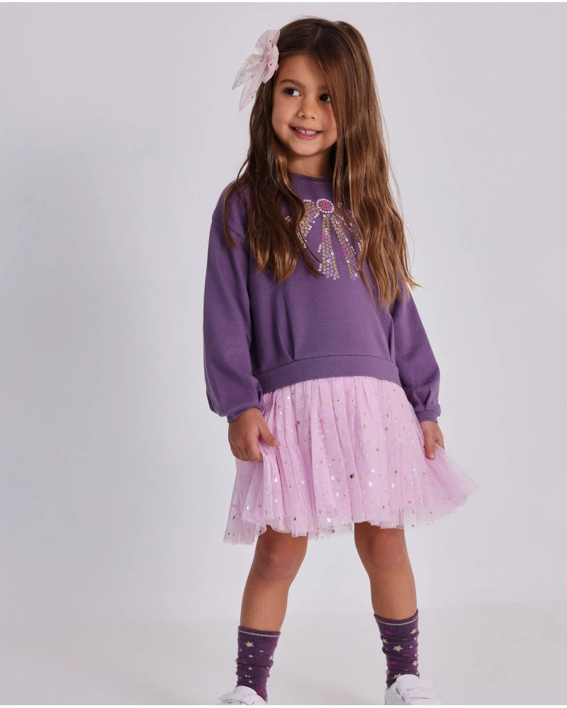 Vestito viola per bambina con gonna in tulle rosa e dettagli di stelle dorate