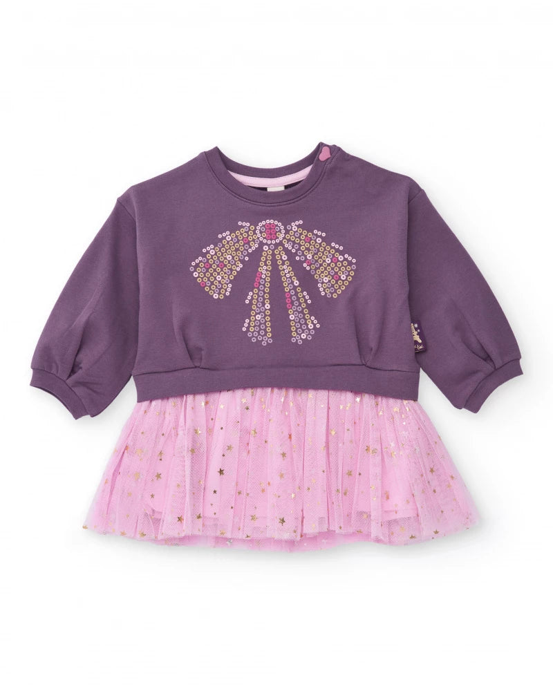 Vestito viola per bambina con gonna in tulle rosa e dettagli di stelle dorate