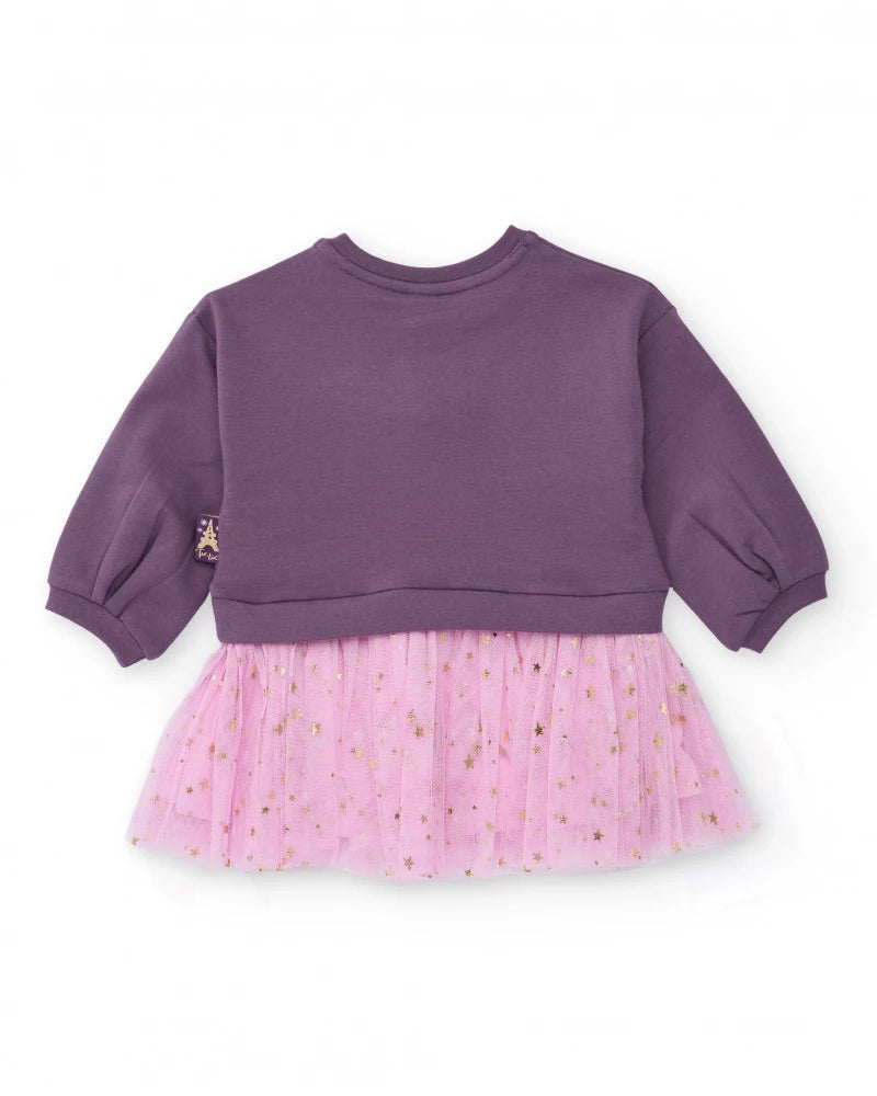 Vestito viola per bambina con gonna in tulle rosa e dettagli di stelle dorate
