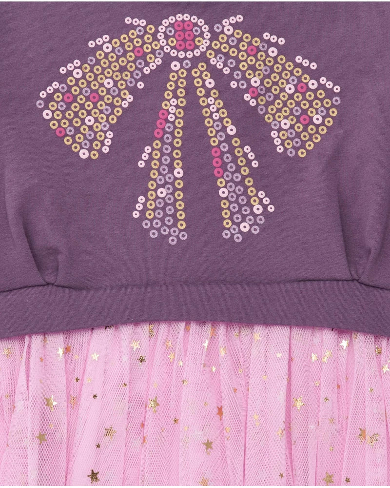 Vestito viola per bambina con gonna in tulle rosa e dettagli di stelle dorate