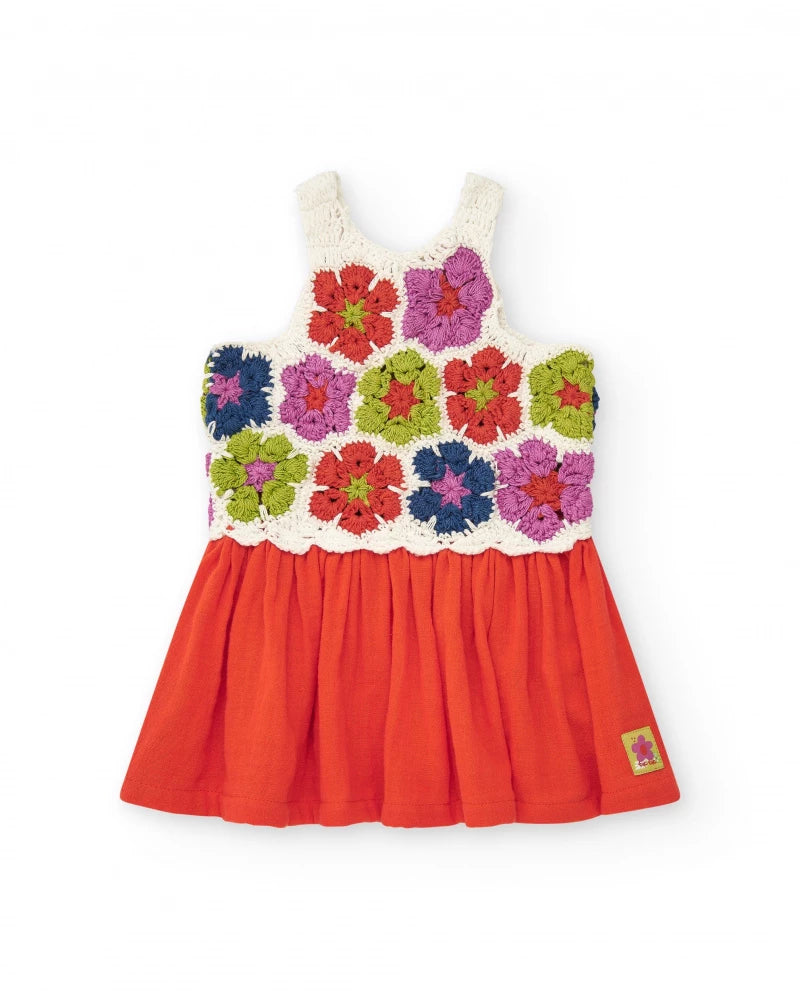 Vestito  per bambina con gonna in cotone e corpo in crochet floreale