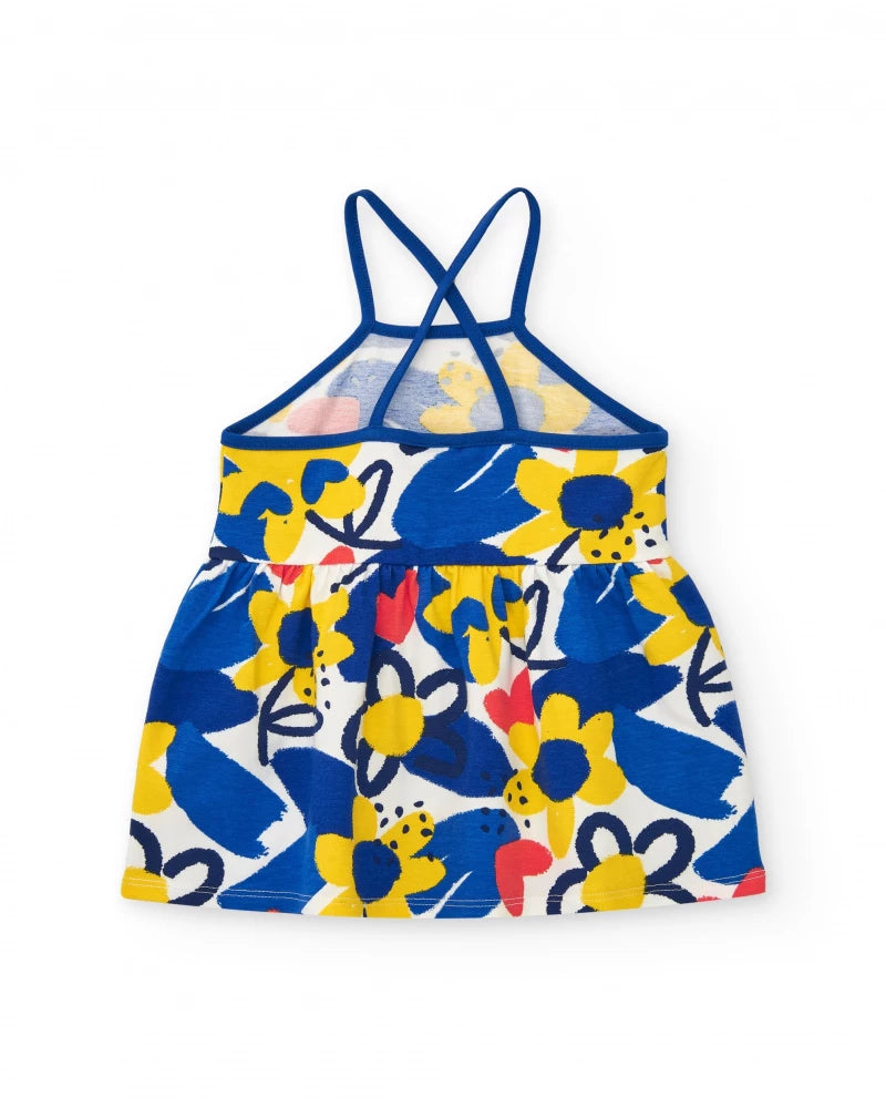 Vestito a spalline per bambina blu con fiori