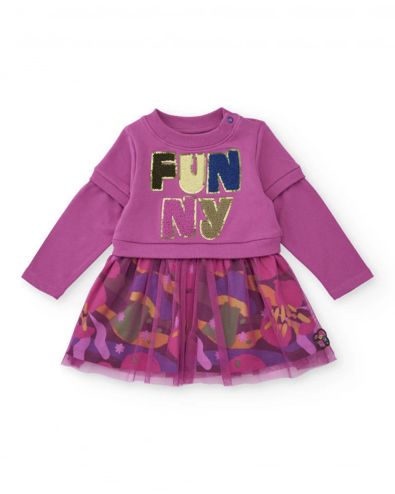 Vestito in felpa per bambina colore magenta con gonna in tulle stampato.
