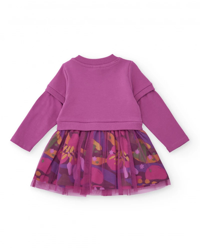 Vestito in felpa per bambina colore magenta con gonna in tulle stampato.