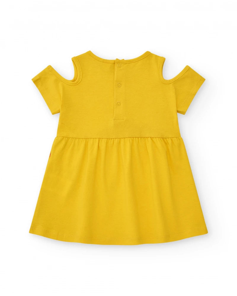 Vestito per bambina gialla con fiori e spalle scoperte
