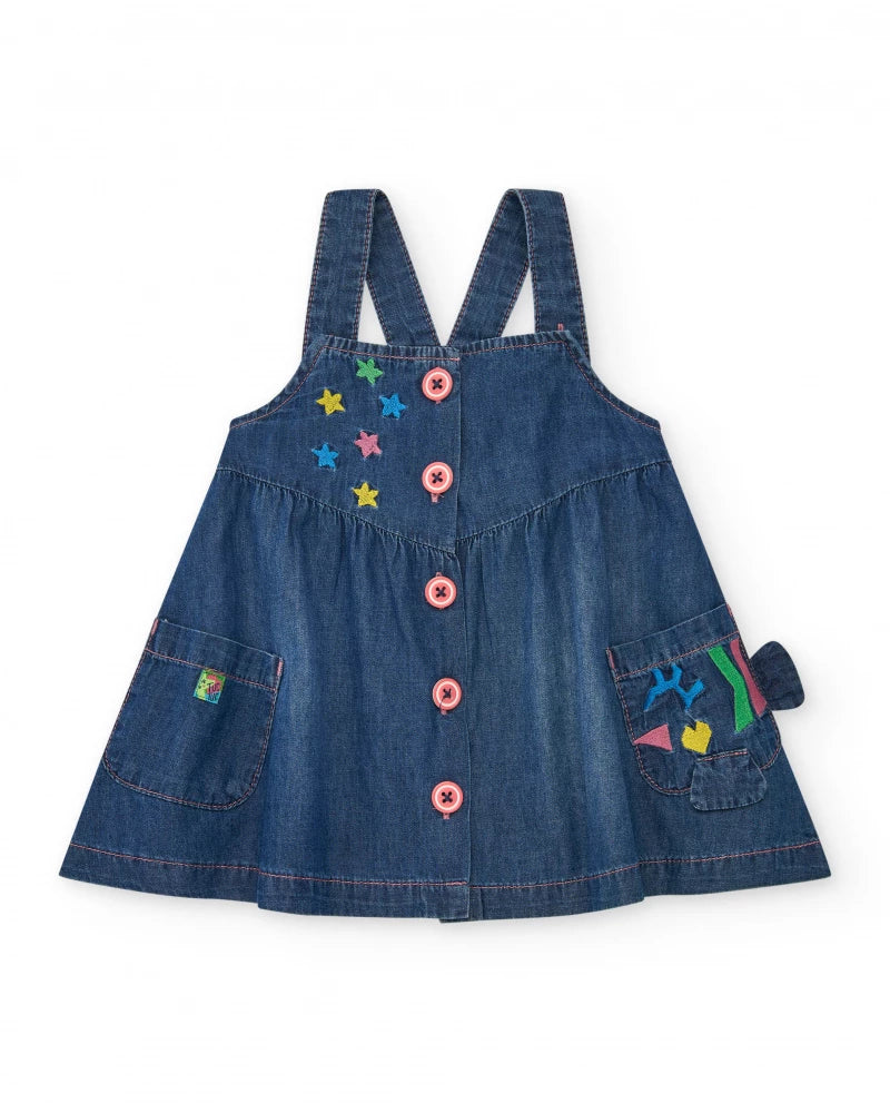 Vestito per bambina in denim blu con ricamo di stelle