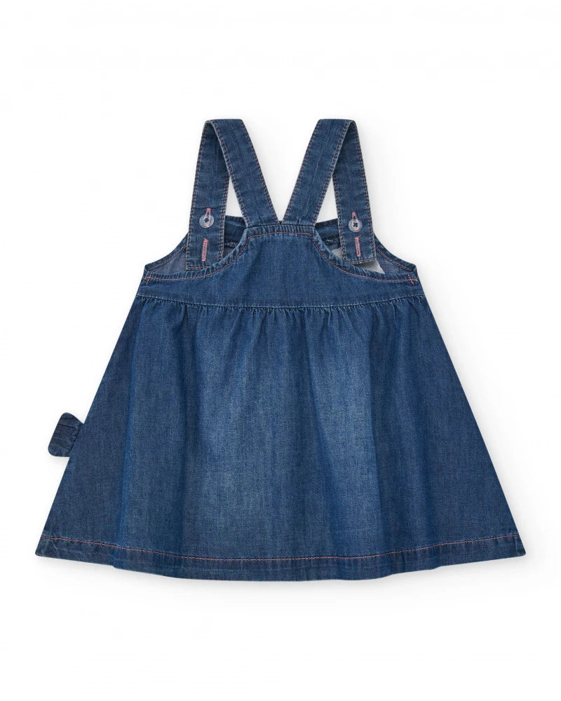 Vestito per bambina in denim blu con ricamo di stelle