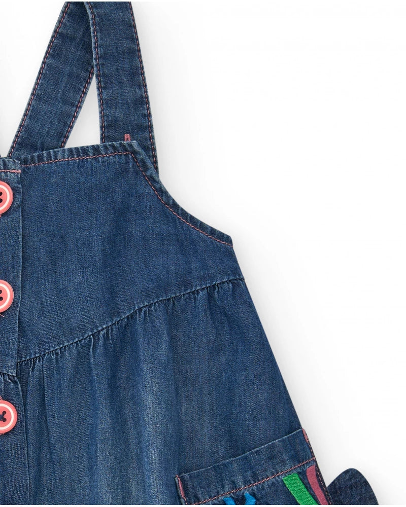 Vestito per bambina in denim blu con ricamo di stelle